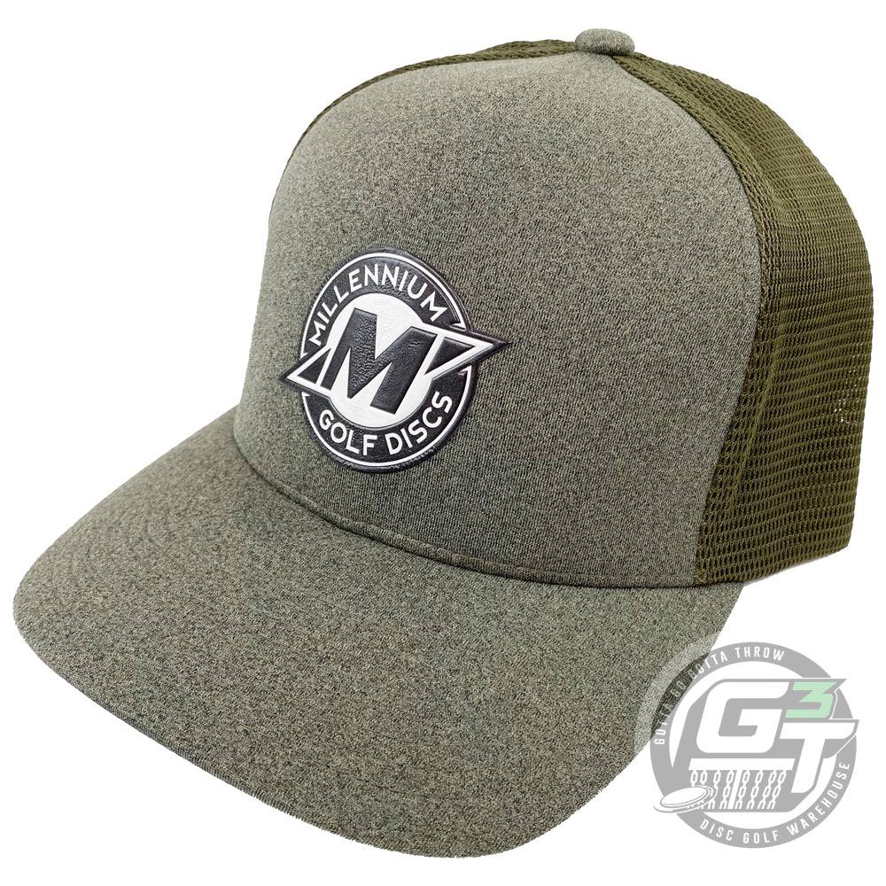 Millennium Golf Discs Apparel S / M / Olive Green Millennium Golf Discs M Badge Logo Unipanel Trucker Flexfit Mesh Disc Golf Hat