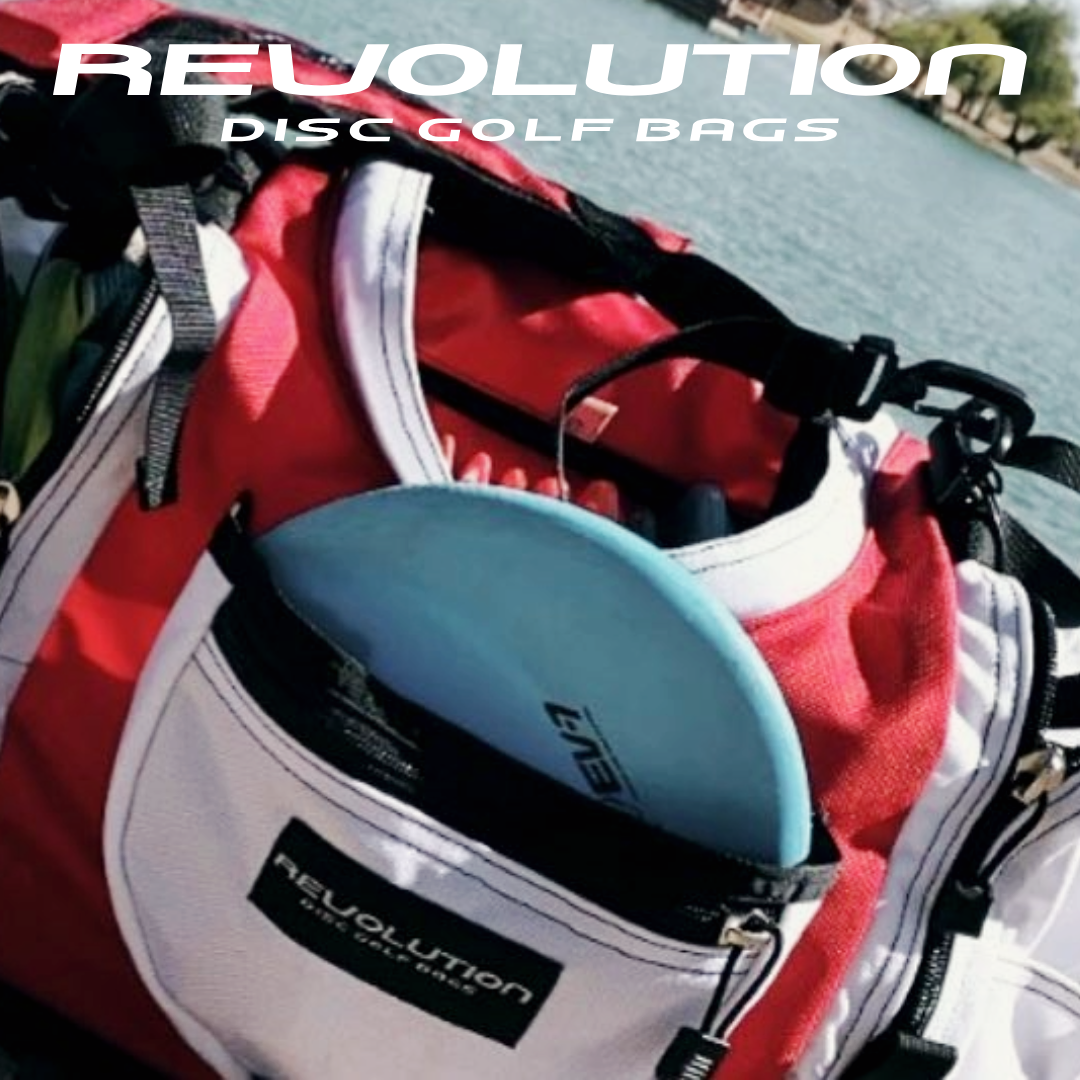 Red and White disc golf bag - Revolution V2 team series disc golf bag. a sponsored production for Drew Gibson.